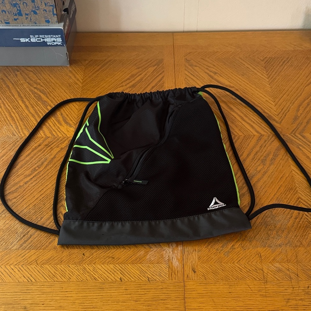 Reebok Black and Neon Green Drawstring Bag